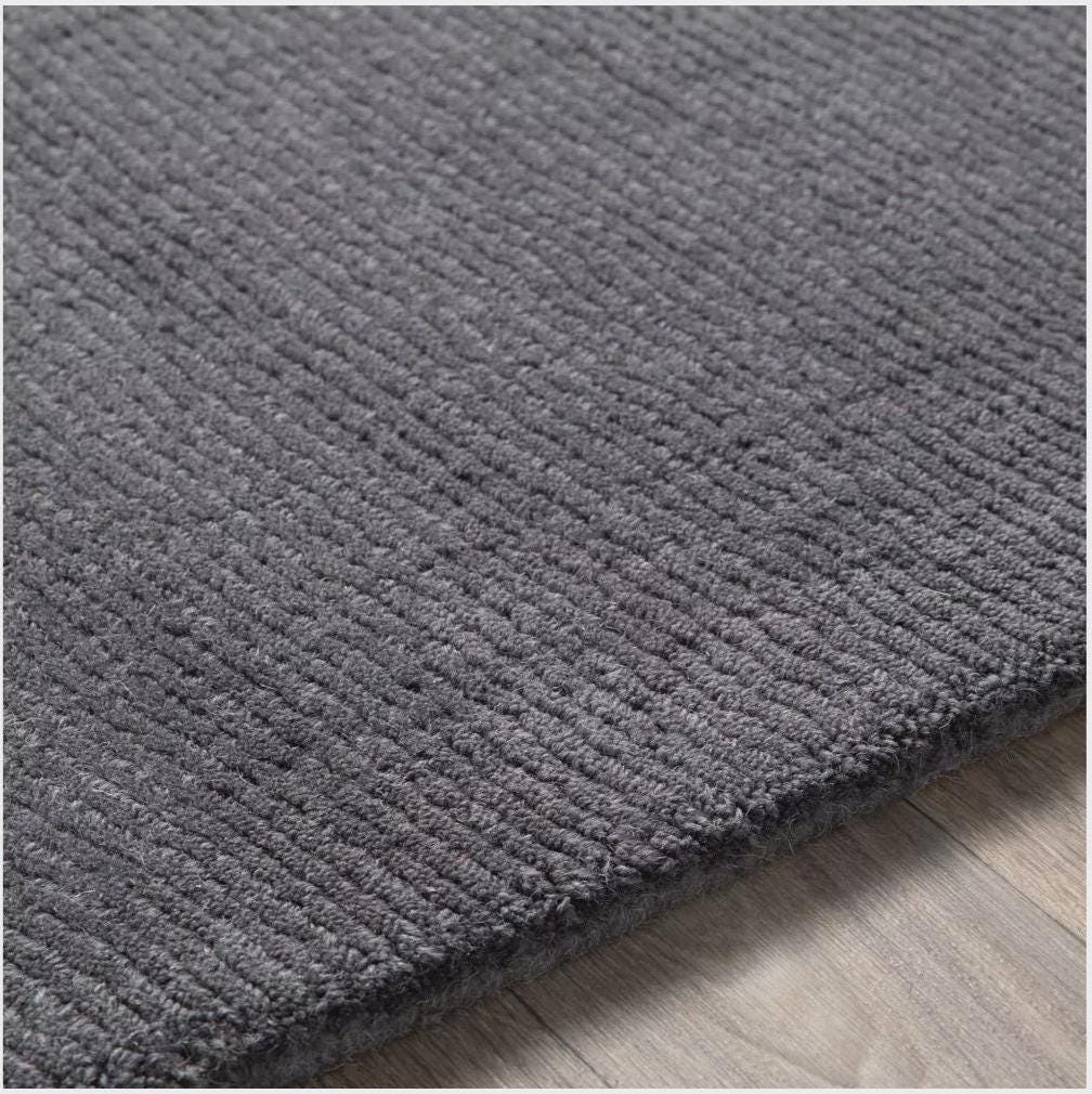 Hand-Tufted Charcoal Wool Rug: Soft Modern Minimalist Style, Solid plain dark floor carpet.