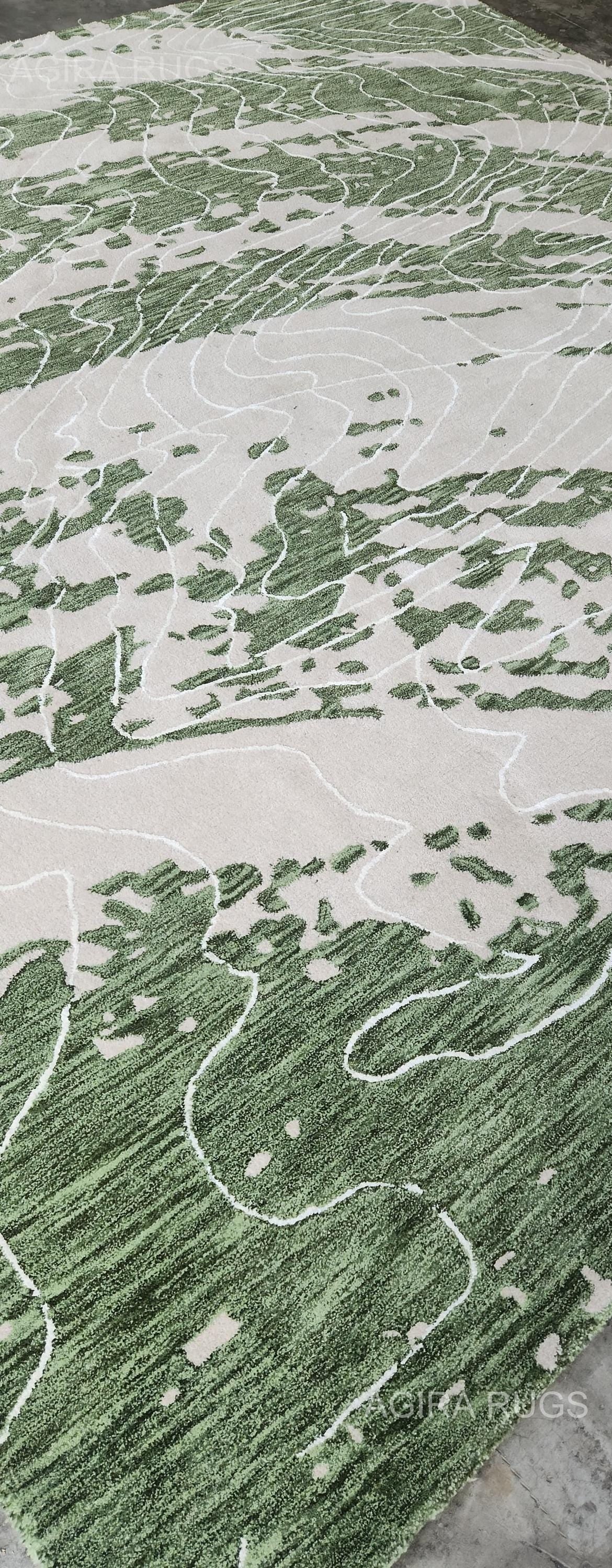 Handwoven Olive & Sage Wool Rug, Modern Abstract Design