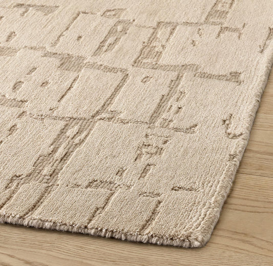 Hand-Knotted Beige Wool Rug: High-Low Texture, Modern Neutral Carpet