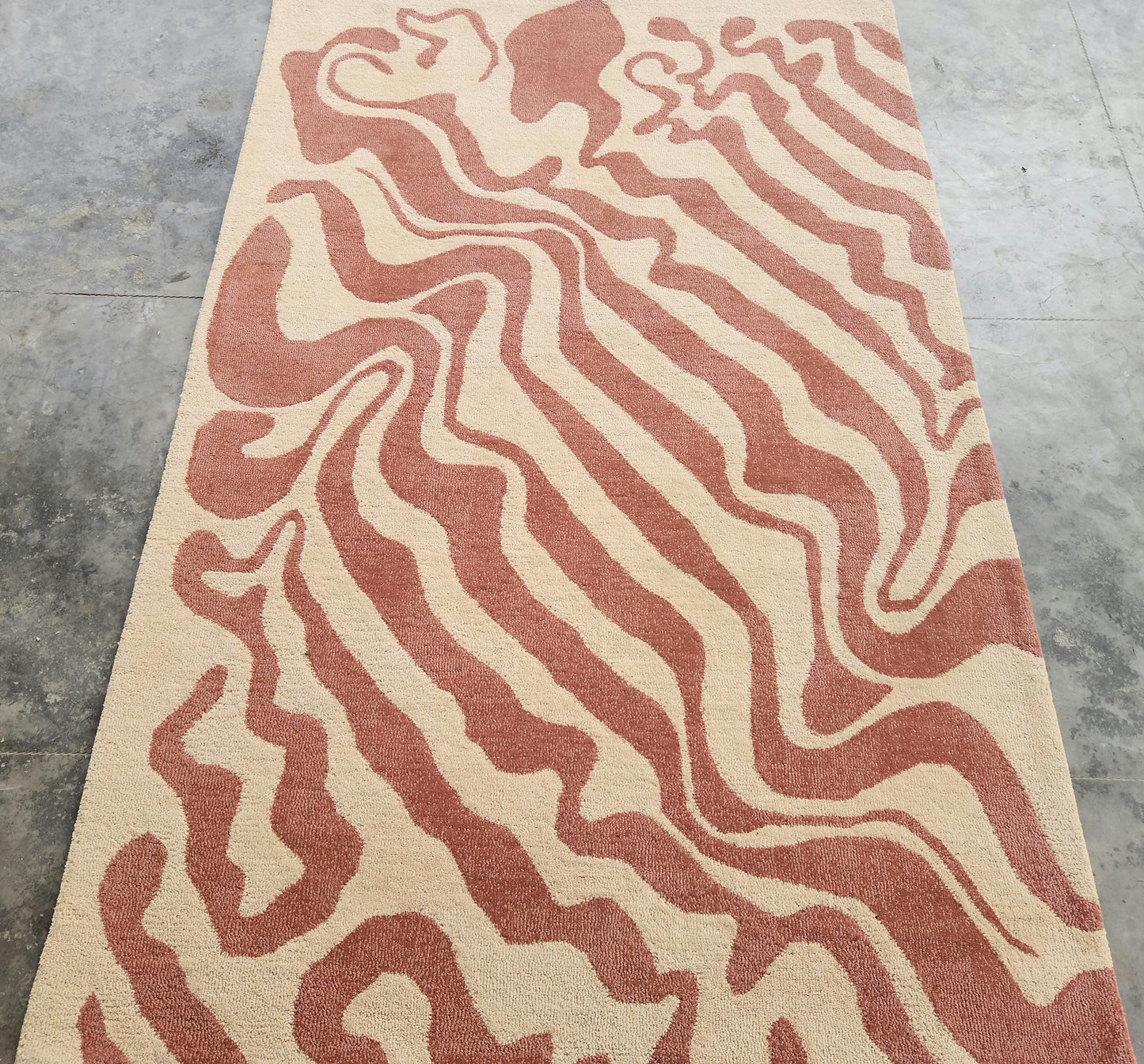 Hand-Tufted Wool Area Rug: Abstract Neutral Design, wave pattern carpet.