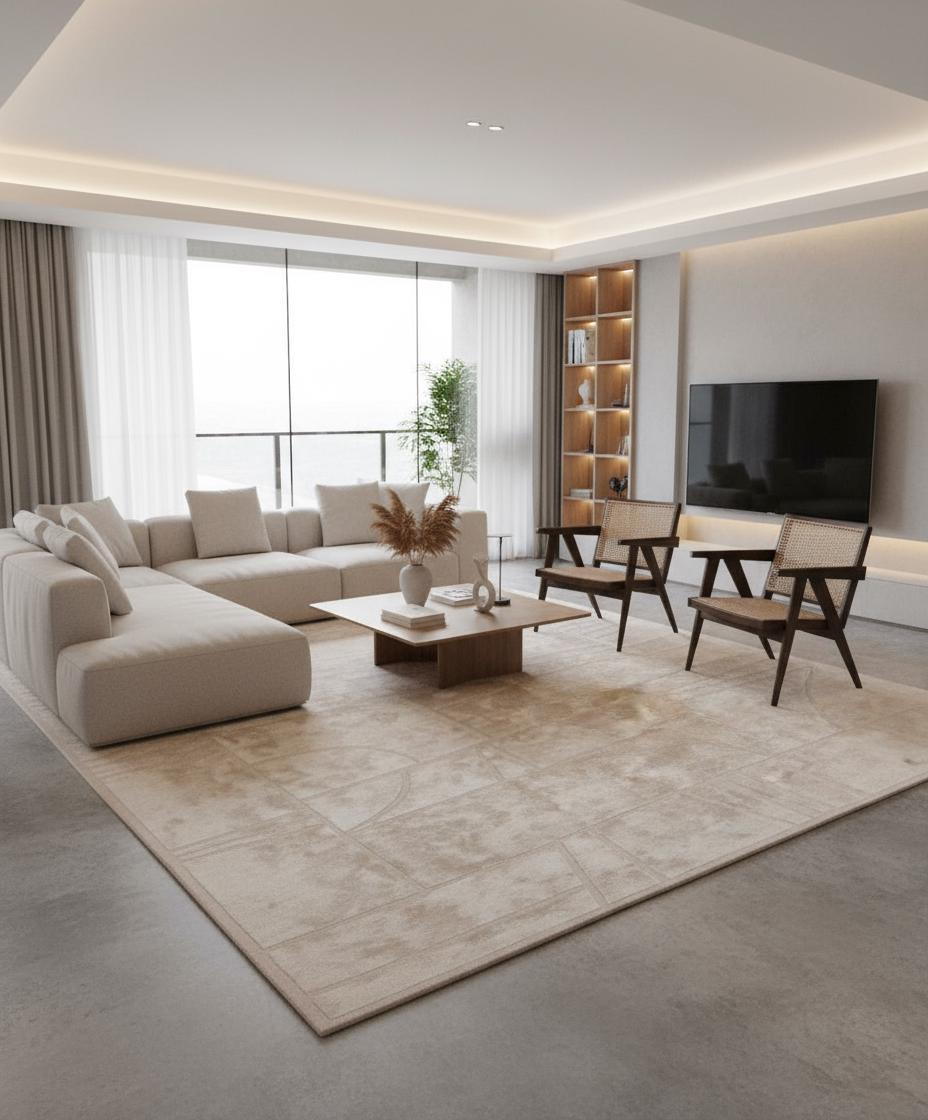Hand-Tufted Wool Rug: Beige Carved Geometric Pattern