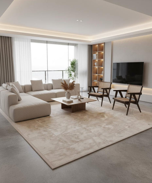 Hand-Tufted Wool Rug: Beige Carved Geometric Pattern