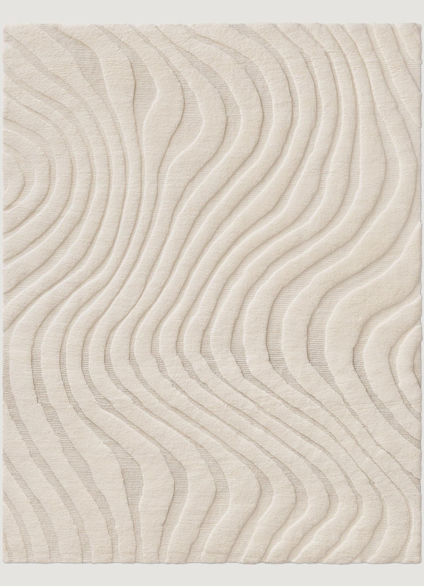 Hand-Knotted Wool Rug: Modern Wave Texture, Neutral Ivory Cream