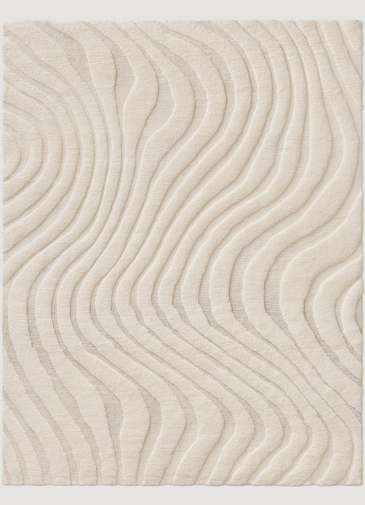 Hand-Knotted Wool Rug: Modern Wave Texture, Neutral Ivory Cream