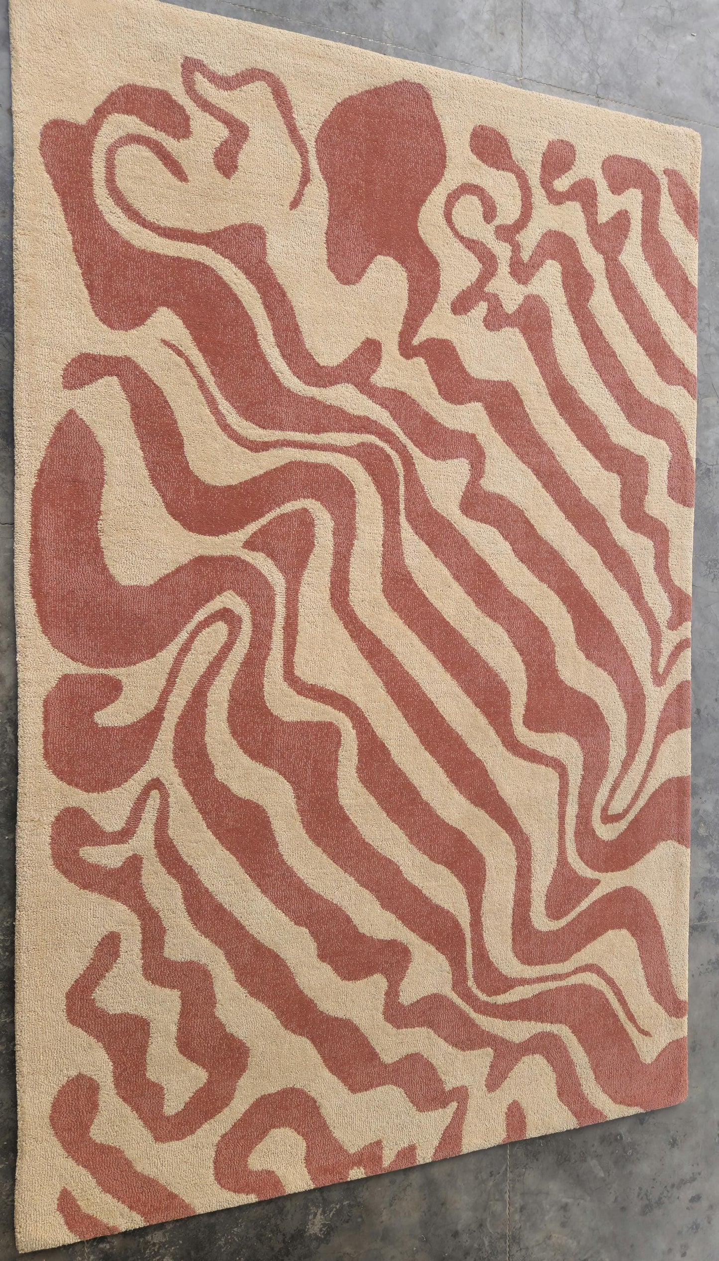 Hand-Tufted Wool Area Rug: Abstract Neutral Design, wave pattern carpet.