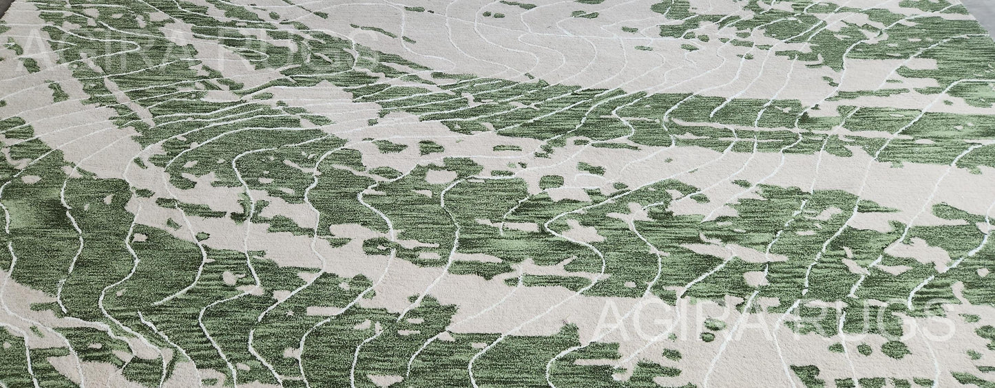 Handwoven Olive & Sage Wool Rug, Modern Abstract Design