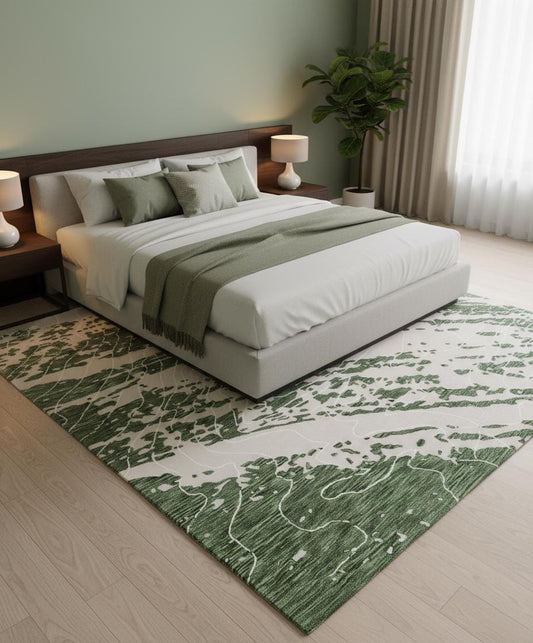 Handwoven Olive & Sage Wool Rug, Modern Abstract Design