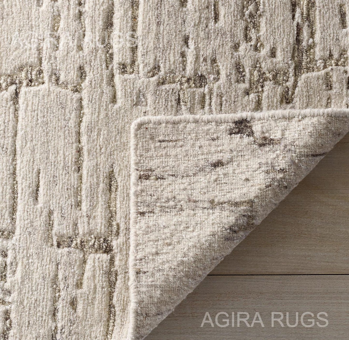 Hand-Knotted Ivory Wool Rug: High-Low Texture, Modern Neutral Carpet