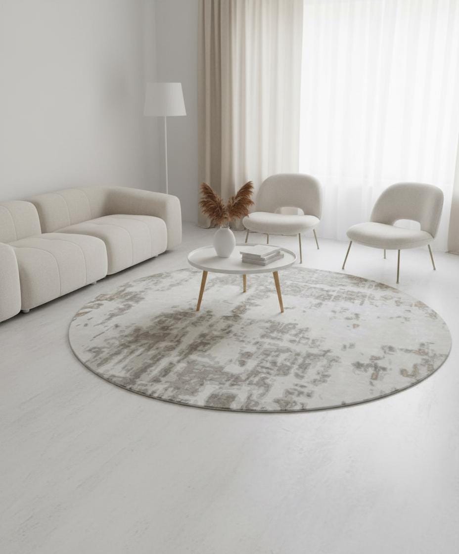 Hand Tufted Wool Round Rug | Modern Abstract, Off white, beige, green rug