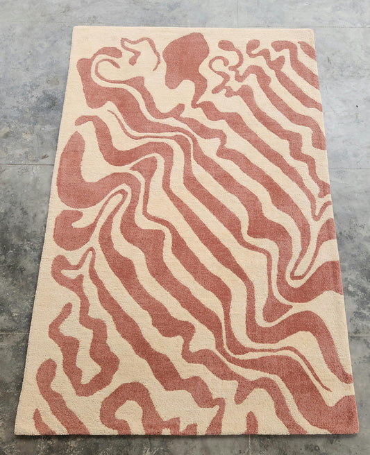 Hand-Tufted Wool Area Rug: Abstract Neutral Design, wave pattern carpet.