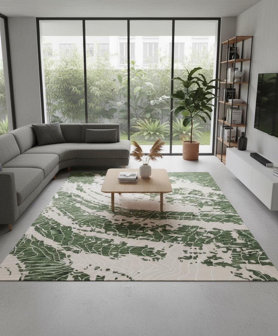 Handwoven Olive & Sage Wool Rug, Modern Abstract Design