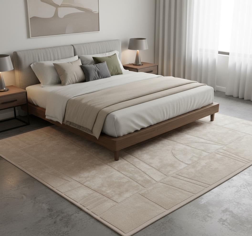 Hand-Tufted Wool Rug: Beige Carved Geometric Pattern