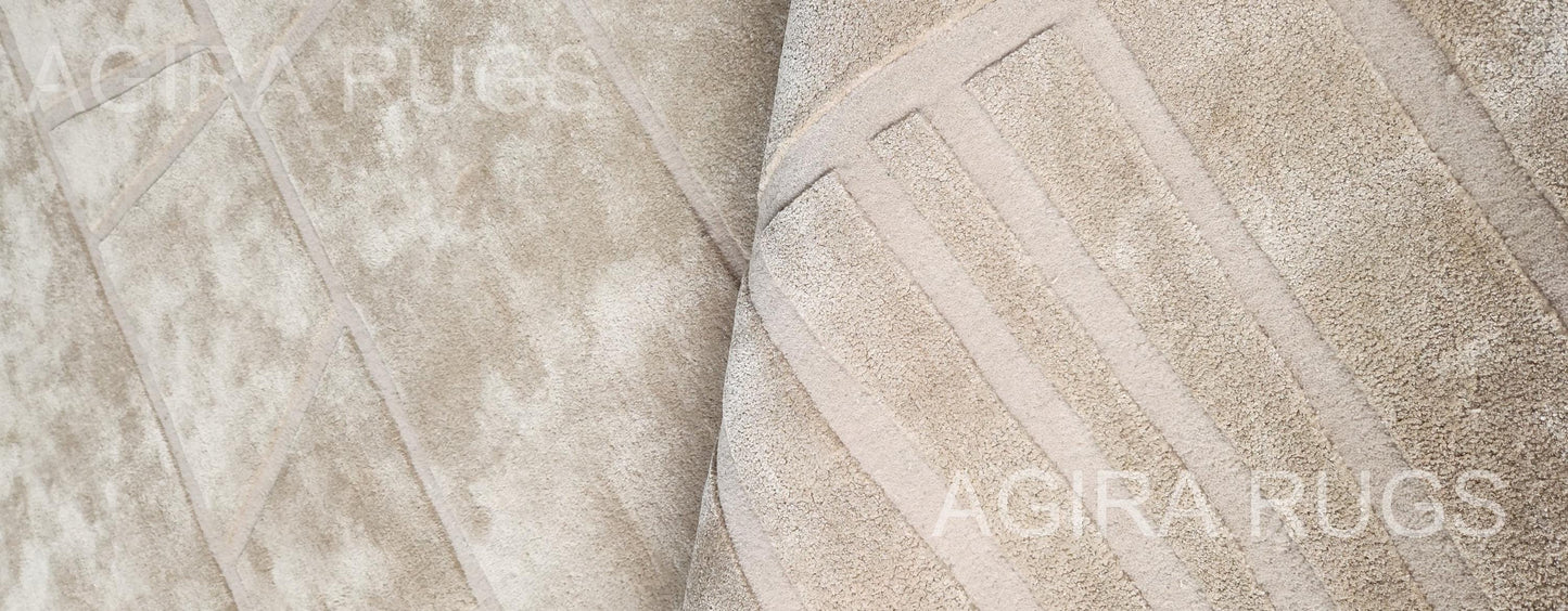 Hand-Tufted Wool Rug: Beige Carved Geometric Pattern