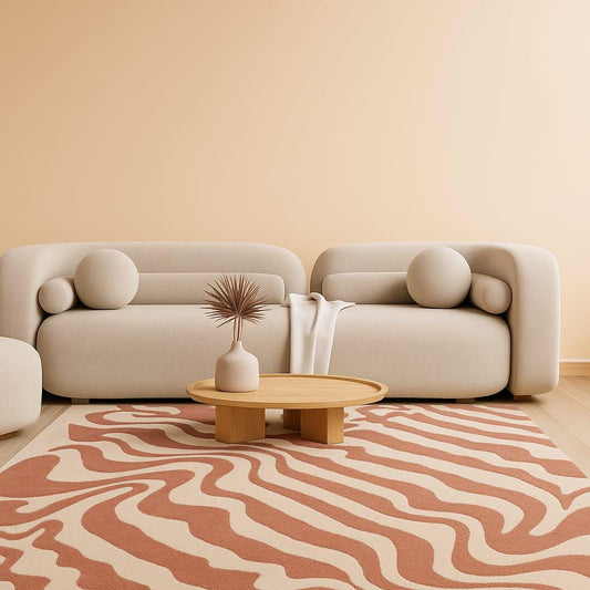 Hand-Tufted Wool Area Rug: Abstract Neutral Design, wave pattern carpet.