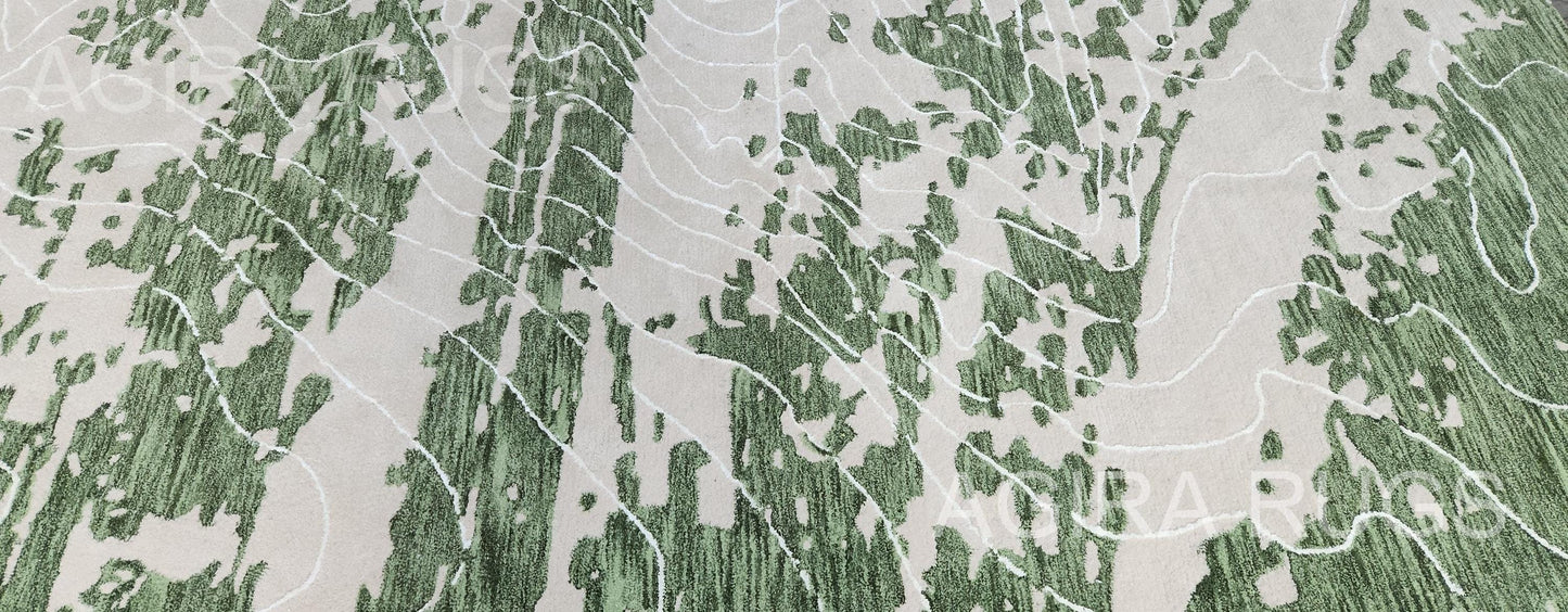 Handwoven Olive & Sage Wool Rug, Modern Abstract Design