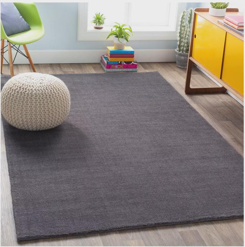 Hand-Tufted Charcoal Wool Rug: Soft Modern Minimalist Style, Solid plain dark floor carpet.