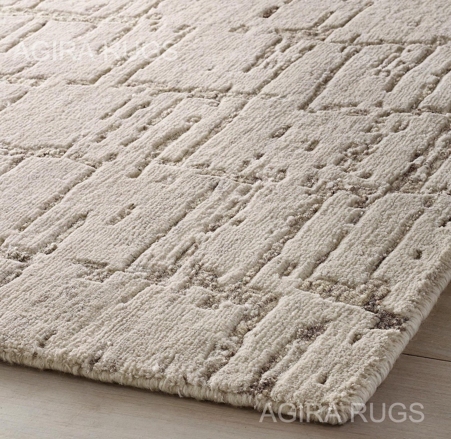 Hand-Knotted Ivory Wool Rug: High-Low Texture, Modern Neutral Carpet