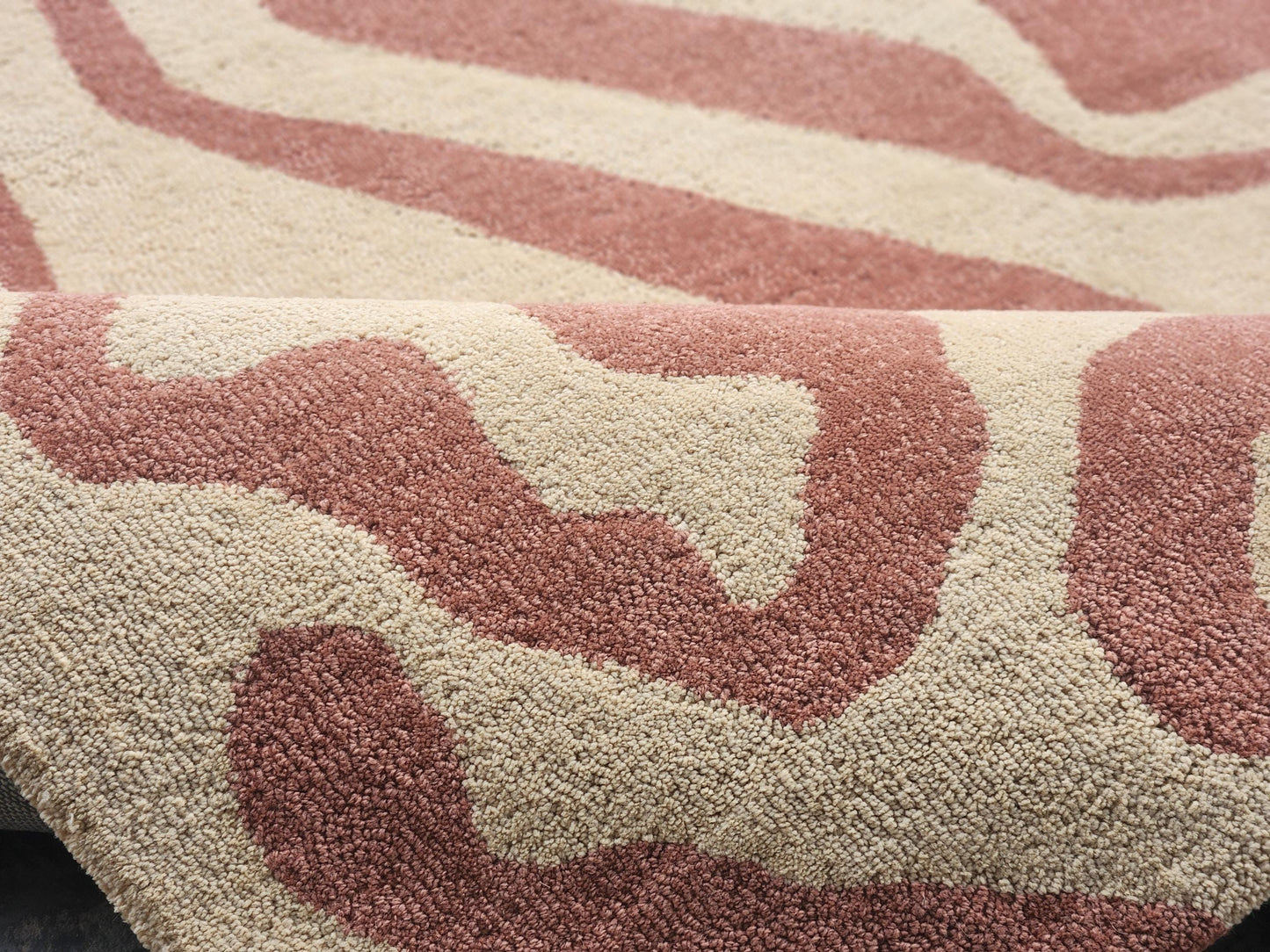 Hand-Tufted Wool Area Rug: Abstract Neutral Design, wave pattern carpet.