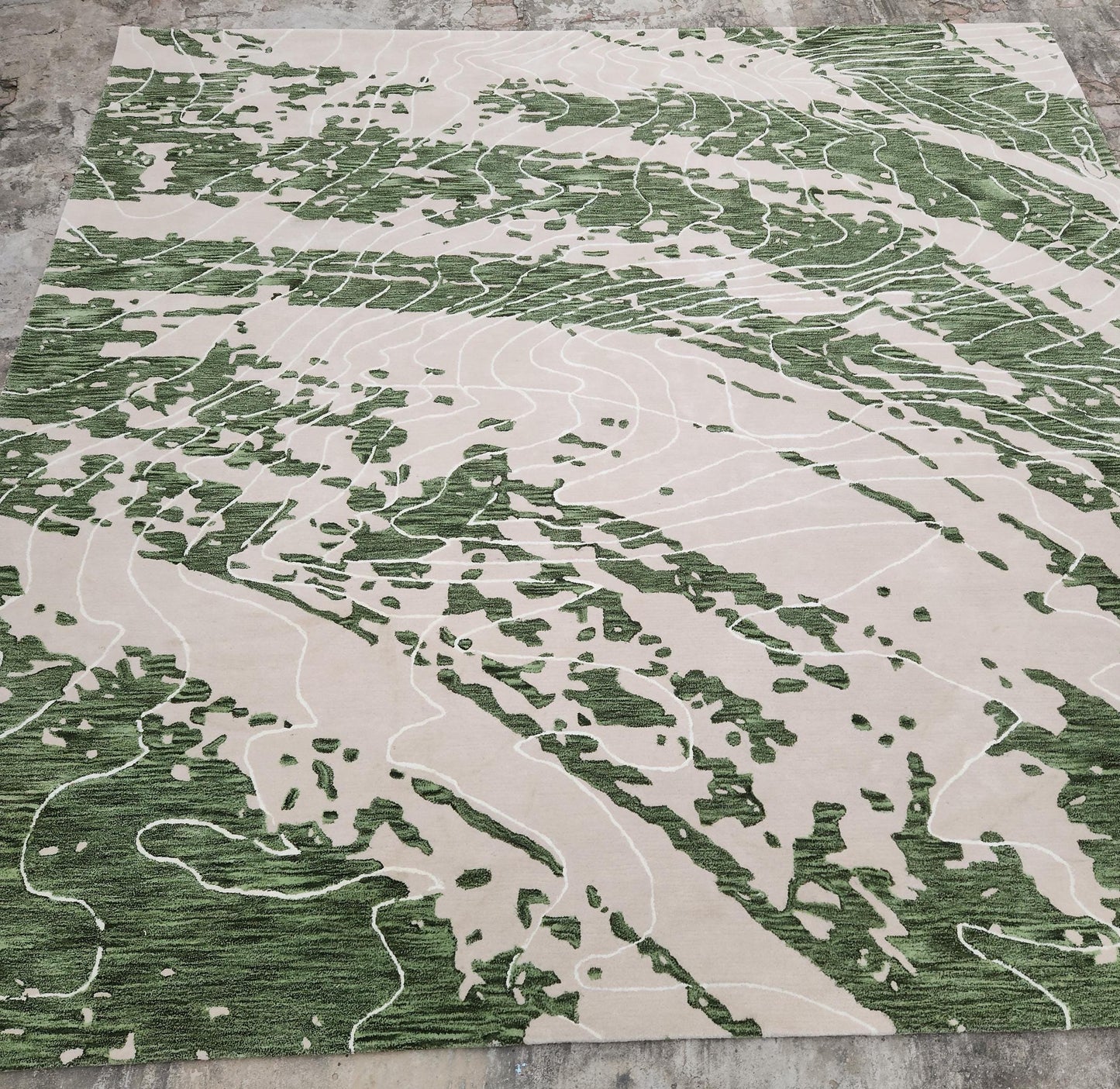 Handwoven Olive & Sage Wool Rug, Modern Abstract Design