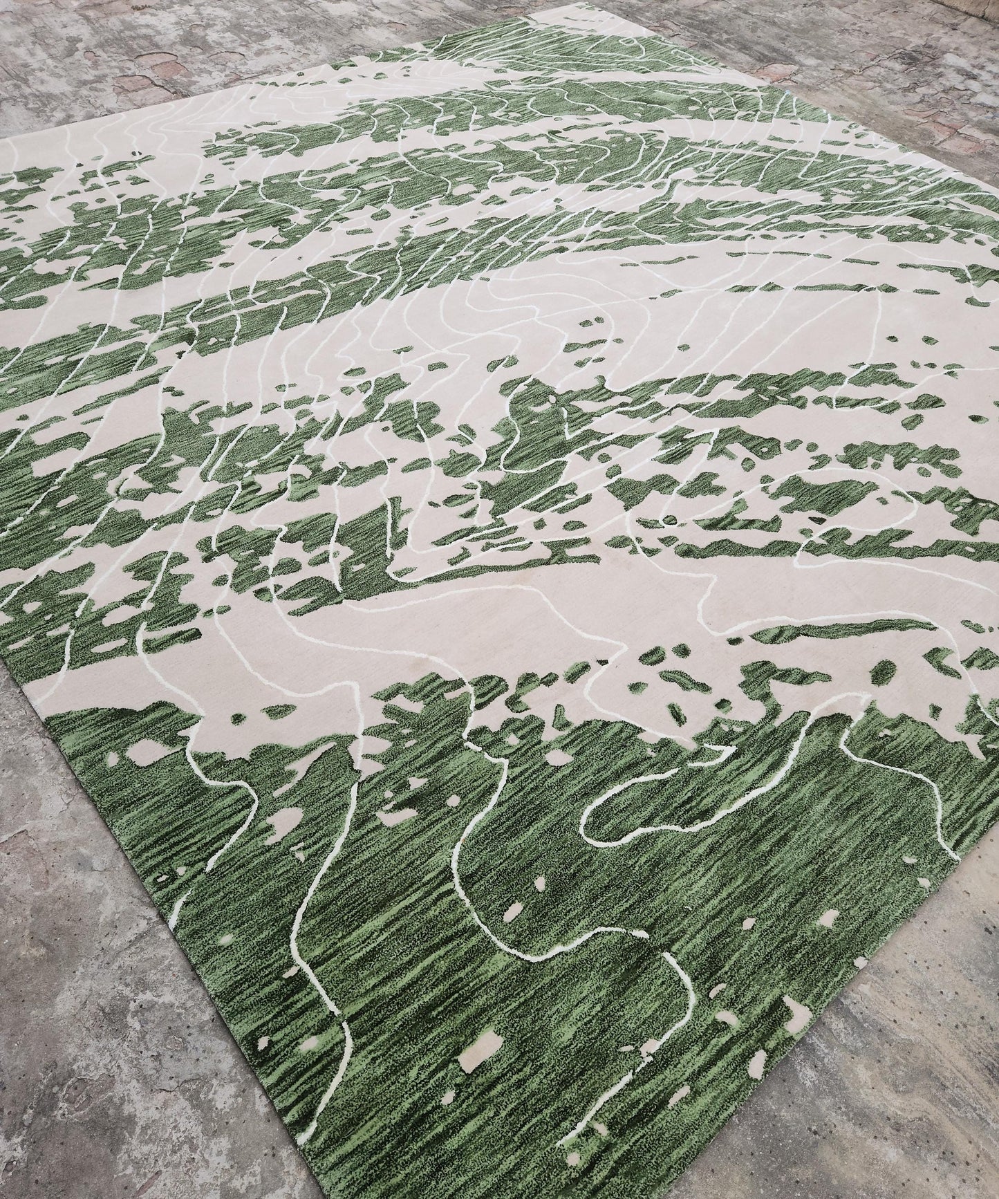 Handwoven Olive & Sage Wool Rug, Modern Abstract Design